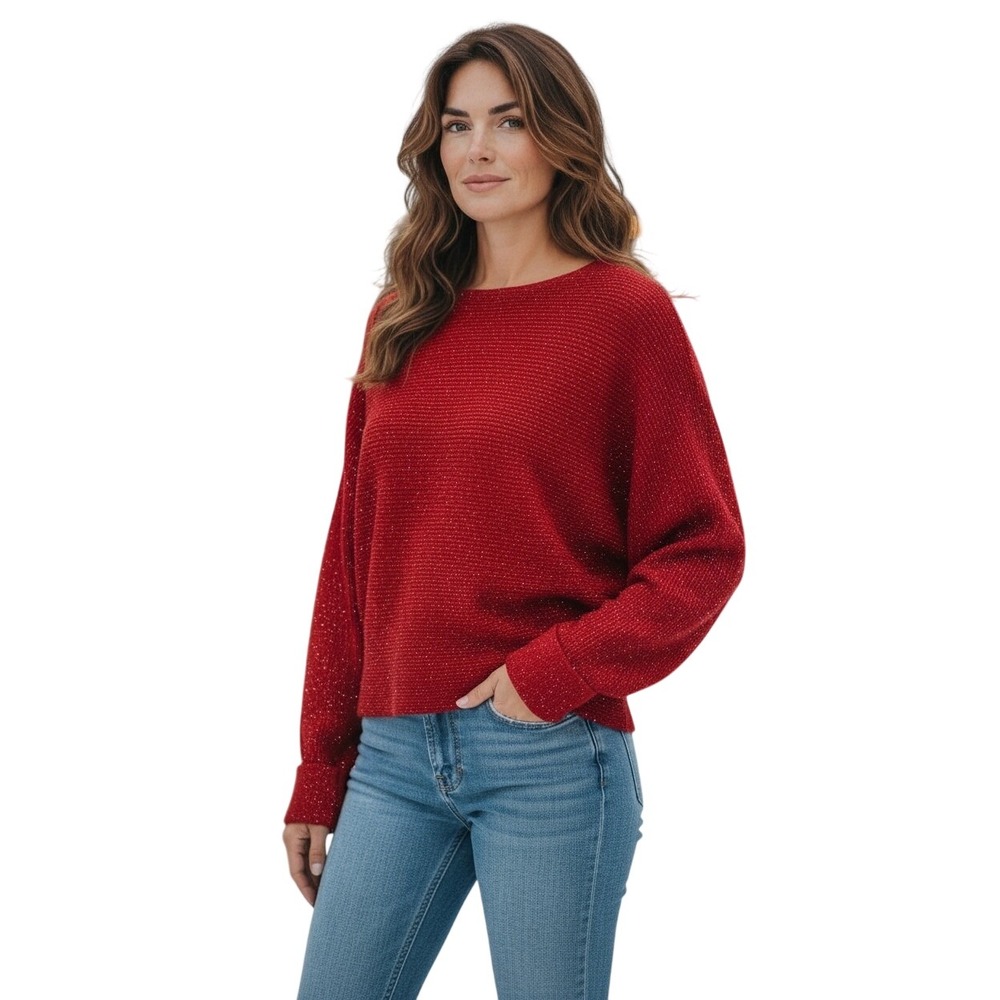 Tahari Women Red Sparkle Ribbed Knit Cropped Sweater Top XL